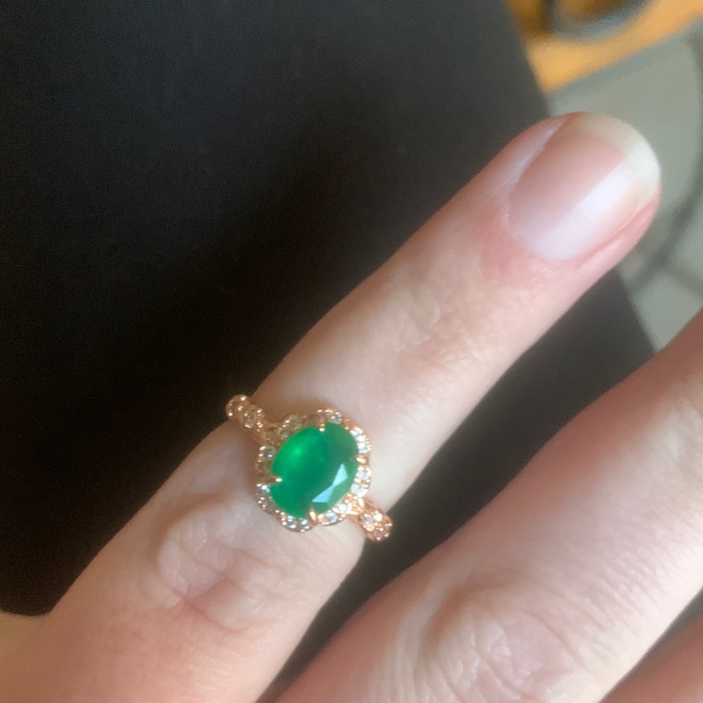 “Bloom and Delight” Natural Fusion Zambian Emerald, rose gold plating, size 7.
